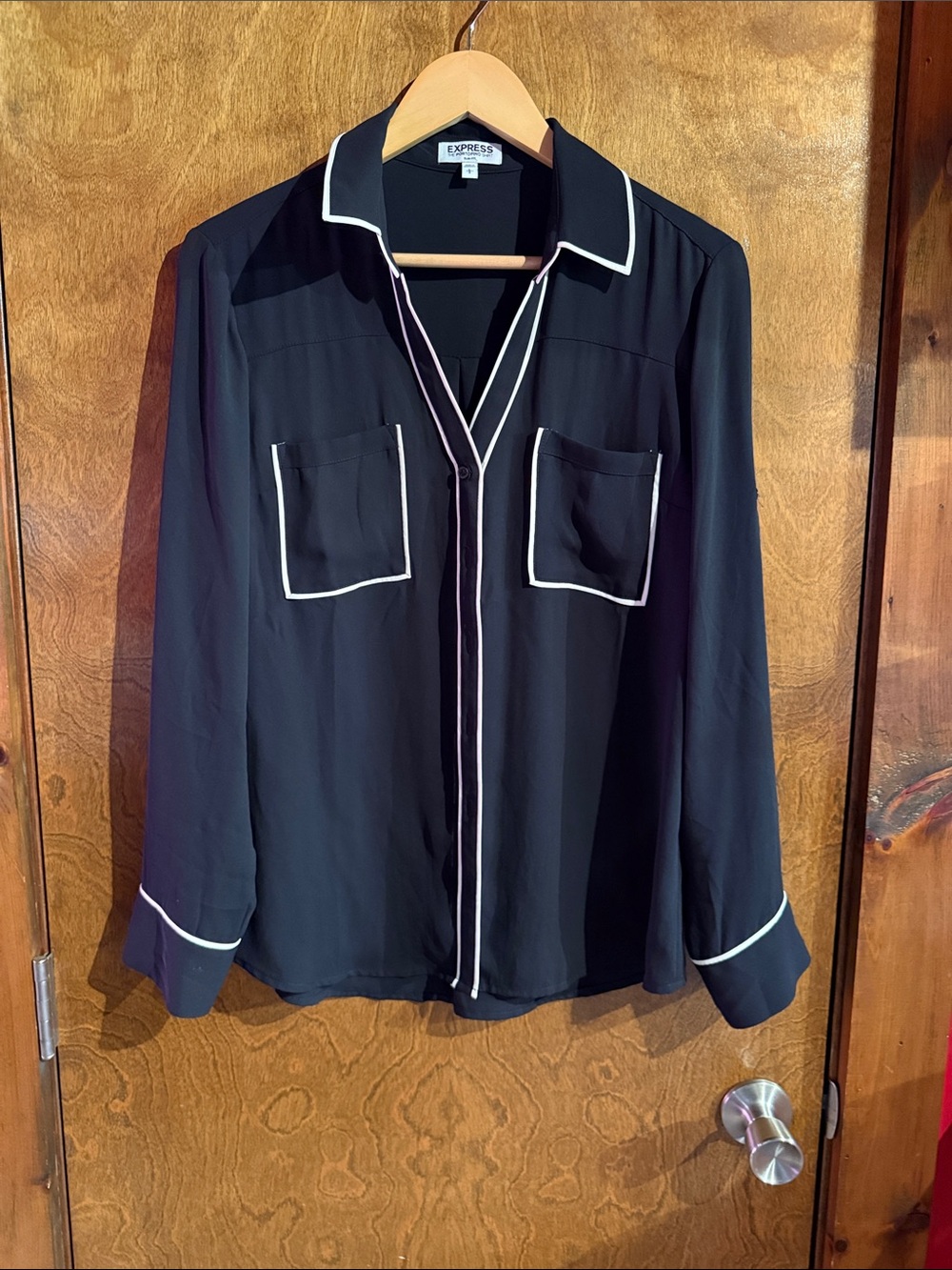 Express Black Button-Down Shirt with White Piping